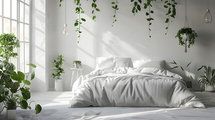 A spacious bedroom with luxurious white bedding and hanging plants creating a serene escape