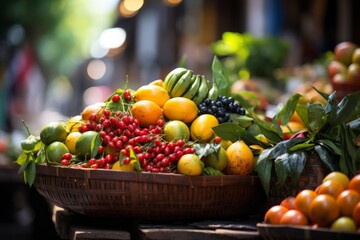 A selection of natural foods and citrus fruit in a basket on a table