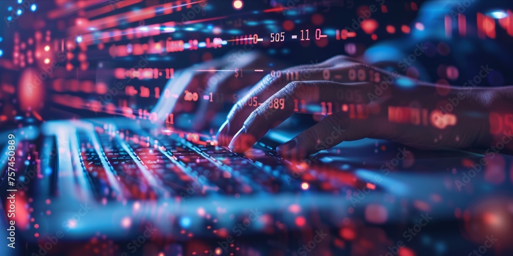 Poster hands typing on a laptop with futuristic digital data overlay.