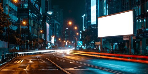 Fototapeta na wymiar A blank advertising billboard on a busy city street at night.