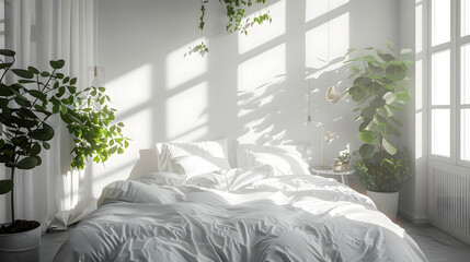 Warm sunlight spills into a serene bedroom adorned with white linen and indoor greenery, evoking a sense of calm