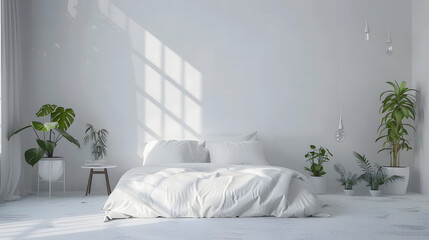 This minimalist bedroom design features crisp white bedding and a selection of plants for a clean aesthetic