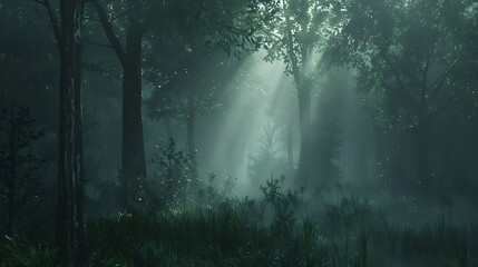 Misty forest at dawn with sunlight streaming through trees. Nature landscape photography with copy space. Tranquility and serene nature concept - obrazy, fototapety, plakaty
