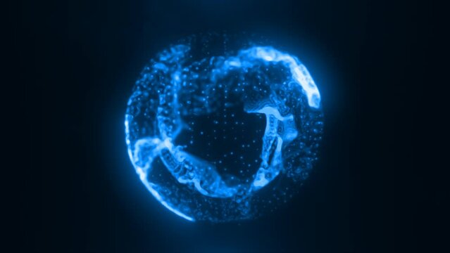 Abstract blue water glowing digital high-tech liquid futuristic energy plasma sphere with lines and particles on dark black background. Video in high quality 4k, motion design. Big data concept