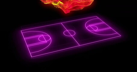 Animation of yellow and red particle wave over purple neon basketball court on black background - Powered by Adobe