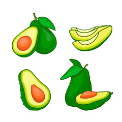 set of Avocado whole and half , slice isolated on a white background. Green fruit avocado with seed. Doodle. Flat design. 