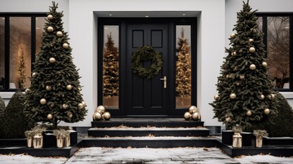 Fototapeta na wymiar black front door and porch of classic suburban house facade exterior with white walls, decorated with festive christmas trees and wreath