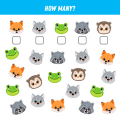 How many animals are there. Count the number of animals face. Math worksheet for kids. 