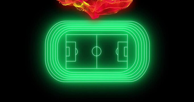 Animation of yellow and red particle wave over green neon football stadium on black background