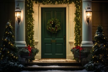 Fototapeta na wymiar green front door and porch of classic suburban house facade exterior with white walls, decorated with festive garlands, christmas trees and wreath at nights with lanterns glowing