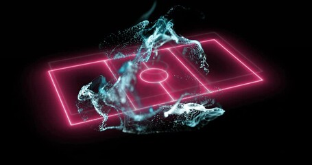 Animation of white particle wave over pink neon basketball court on black background - Powered by Adobe