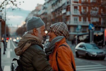 A couple of older people are standing on a city street, smiling at each other