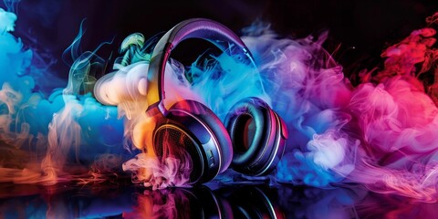 Headphones with a vibrant explosion of colorful smoke on a black background.
