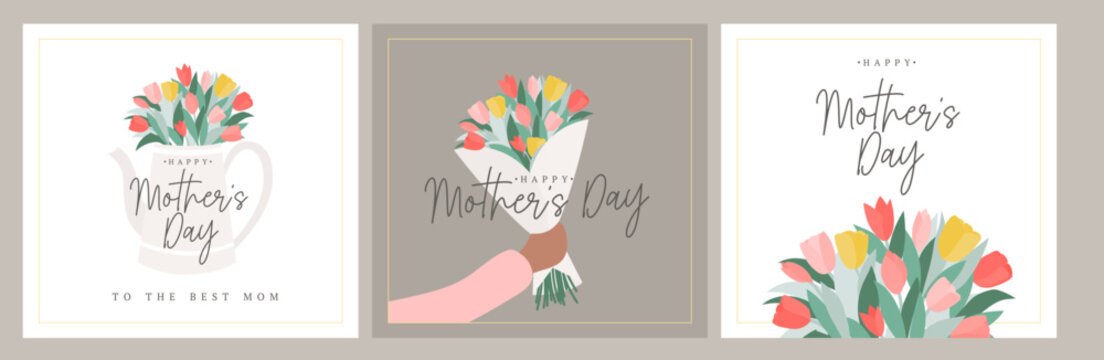 Happy Mother's day greeting card set. Vintage flat style congratulation cards with tulips, hand with bouquet and spring elements. Cartoon design template with pastel colors vector illustration.
