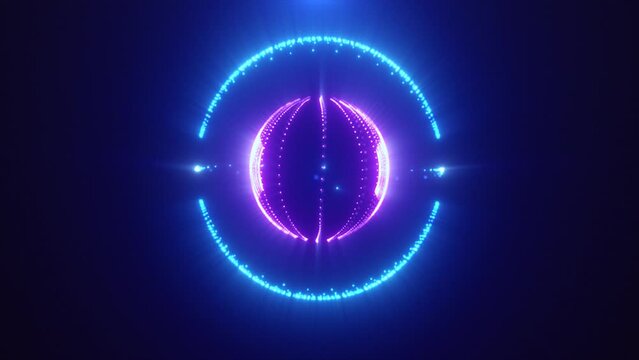 Blue purple energy magic circle sphere ball of futuristic waves and lines of particles of atom energy and electricity. Abstract background. Video in high quality 4k, motion design