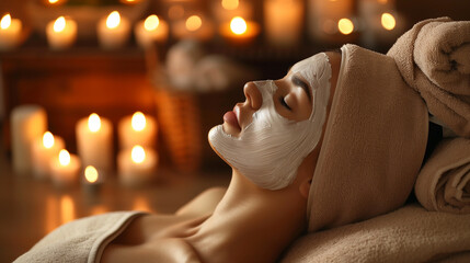 Fototapeta na wymiar Spa massage for young woman with facial mask on face - indoors