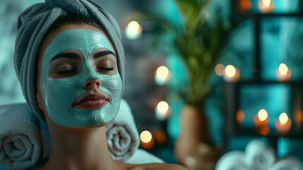 Spa massage for young woman with facial mask on face - indoors