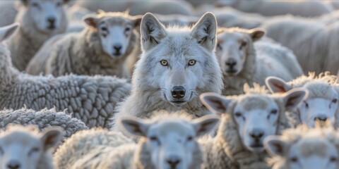 A wolf disguised among a flock of sheep.