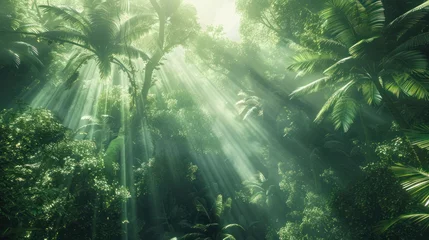 Fotobehang aerial photograph of a tropical rainforest in South America. Sunlight filters through the branches and onto the forest floor. Filled with abundance, © venusvi