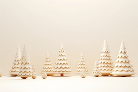 christmas 3d rendering horizontal banner with geometric shape cones as xmas trees on golden white background copy space top