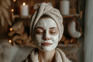 A woman is wearing a towel and has a white face mask on
