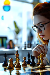 Businesswoman with glasses thinking and playing chess game for brainstorming and thinking challenge in the office Business Planning Strategy Concept on dramatic background