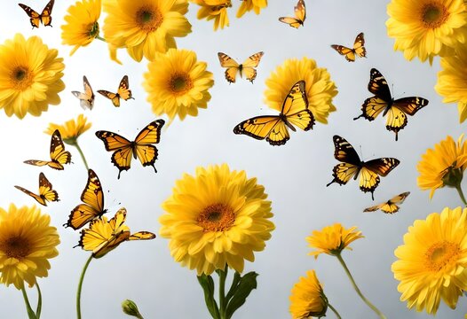 Yellow various flowers and butterflies breeze, each studio photographed and isolated on absolute white