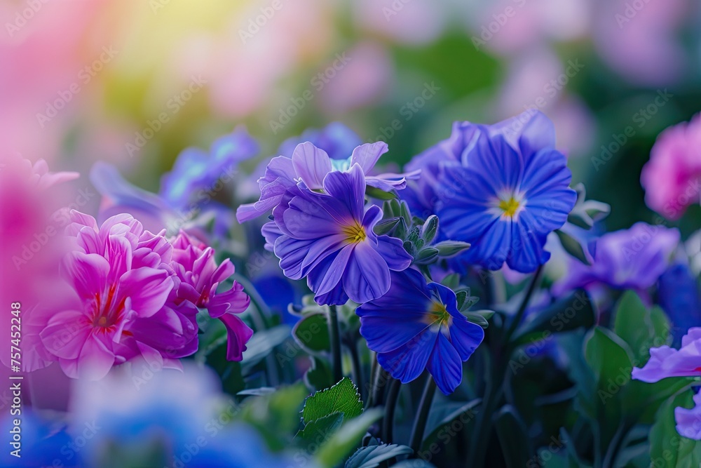 Poster a field of flowers with a mix of pink and blue flowers