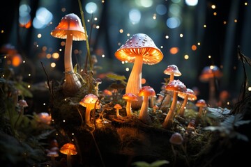 A crowd of mushrooms entertains in the darkness of the midnight forest