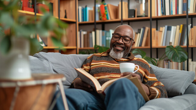 Portrait of cheerful senior man reading book and drinking coffee at home. AI.