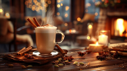 A steaming glass of latte with cinnamon sticks, against a backdrop of warm candles and festive lights
