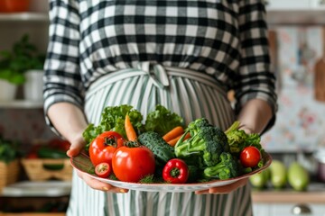 A pregnant woman with belly holding a plate with vegetables in hands. The concept for weight control and healthy eating during pregnancy