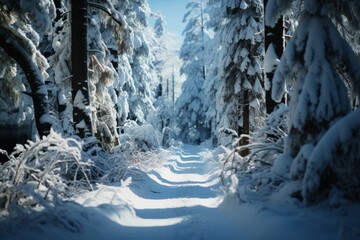 A freezing snowy path meanders through a dark snowy forest - obrazy, fototapety, plakaty
