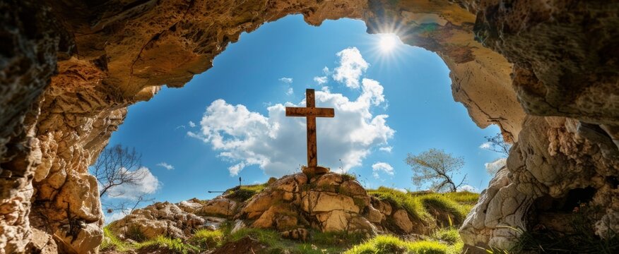A cross is seen through the opening of an ancient cave, with blue sky and clouds visible in the background. The scene conveys mystery and spiritual significance to the Easter season Generative AI
