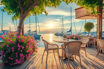 A beautiful view of a marina with a few boats docked and a few chairs