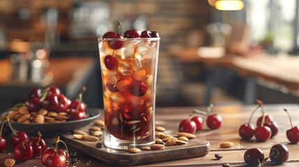 Obraz na płótnie Canvas A cool refreshing cherry spritzer with ice, surrounded by fresh cherries and almonds, symbolizes summer refreshment