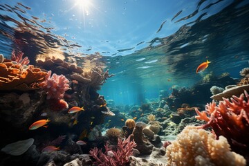 Fototapeta na wymiar Vibrant coral reef teeming with fish and electric blue corals underwater