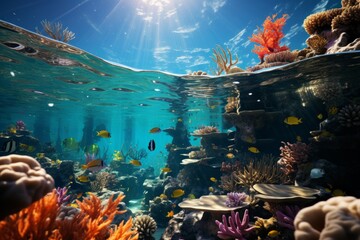 Underwater art vibrant coral reef teeming with fish and organisms in the ocean - obrazy, fototapety, plakaty