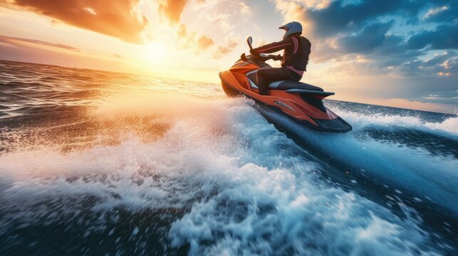 A man is riding a jet ski on the ocean