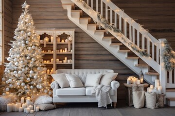 Wooden staircase in cozy white beige living room interior beautifully decorated for christmas season with xmas tree and garlands