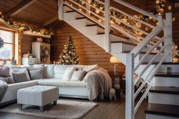 Fototapeta na wymiar Wooden staircase in cozy white beige living room interior beautifully decorated for christmas season with xmas tree and garlands