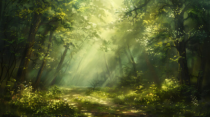 Fototapeta na wymiar A tranquil forest glade with shafts of sunlight piercing through the trees, creating a magical atmosphere of serenity and wonder.