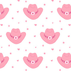 Pattern with hand drawn female cowboy hats. Pink cowgirl hats flat vector illustration. Collection of retro elements. Cowboy Western and Wild West theme. For design, poster, greeting card, pack paper