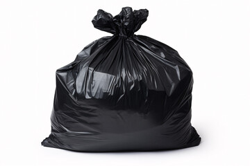 Full black garbage bag in front of white background