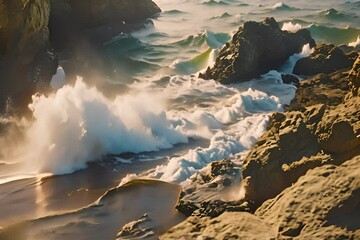 a rocky beach with waves coming in and out of the water