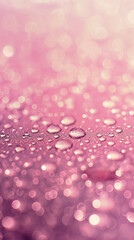 Water drops on pink surface with bokeh effect background, soft light, selective focus, smartphone wallpaper