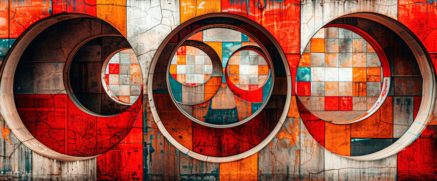 Abstract Urban Art with Circular Frames on Graffiti Wall