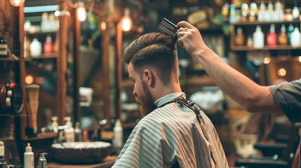 A Barber Using various tools and techniques such as scissors, clippers, and razors to achieve desired haircuts and styles - obrazy, fototapety, plakaty