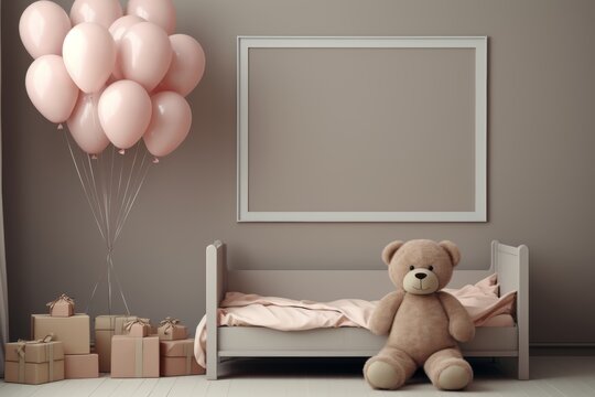 cozy girls room with pink balloons, teddy bear,  bed and painting on wall with  copy space mockup