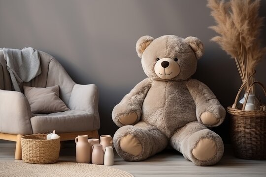 A large grey teddy bear on the floor in the childrens room next to an armchair and a wicker basket
